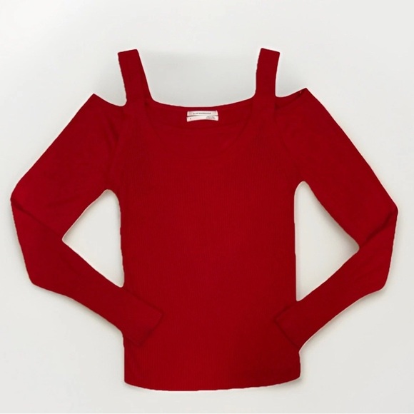 Anthropologie Jamie Open Shoulder Womens Size S Red Stretchy Ribbed Sweater - Picture 2 of 5